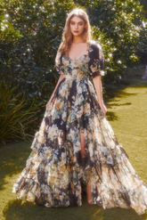 Vestido de noche elegante de gasa con estampado floral y volantes, vestido de fiesta con abertura Y8361